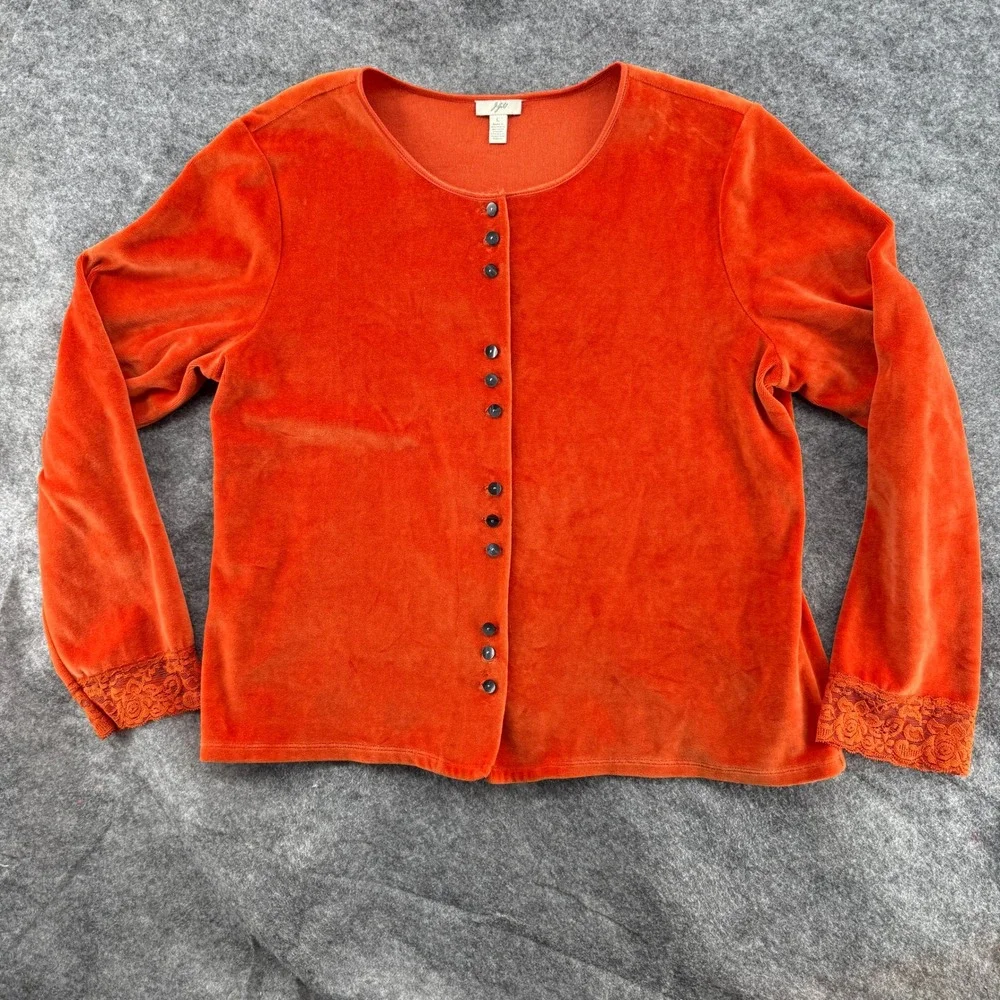 J. Jill Velour Cardigan Womens Large Orange Lace Velvet Trim Button Front Cotton - Picture 2 of 16